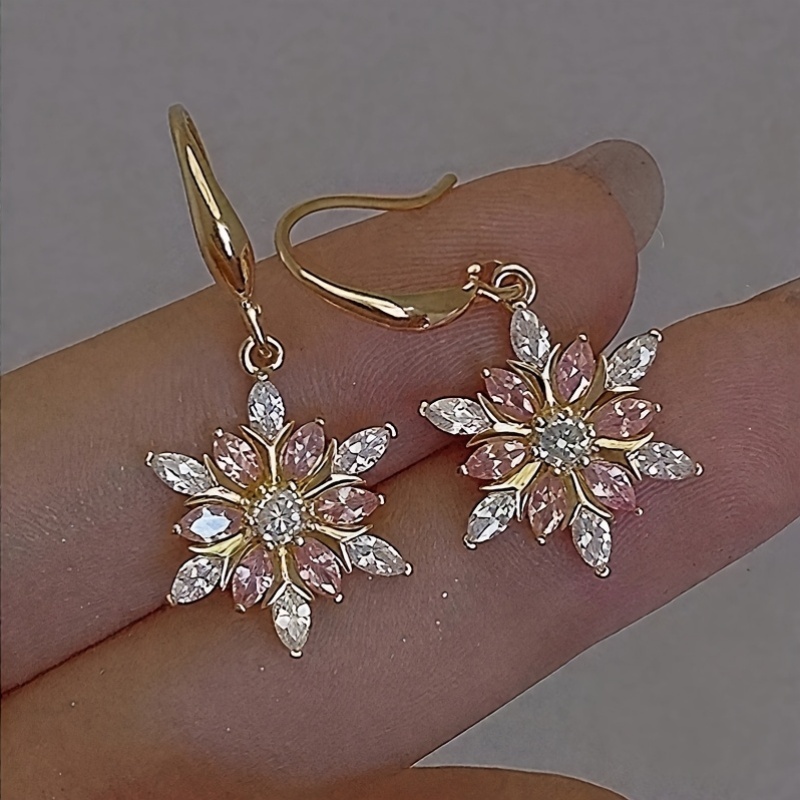 Women's Exquisite Pink Zirconia Snowflake Hook Earrings, Party